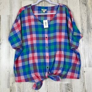 NWT Style&Co Plus 2X Plaid Button‎ Down Shirt Multicolor Short Sleeve Casual Top
